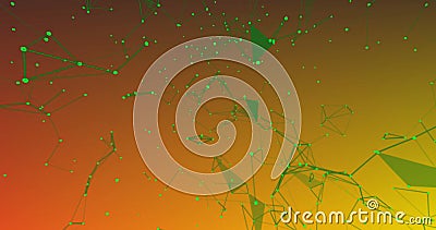 Image of green illuminated dots connecting with lines and moving on gradient background Stock Photo