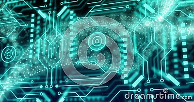 Image of green mesh, data processing over computer circuit board Stock Photo