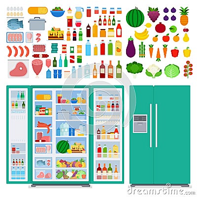 Image of a green refrigerator and food in and around it illustration in a flat design. Editorial Stock Photo