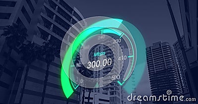 Image of green speedometer over office buildings Stock Photo