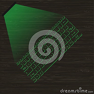 Image green virtual laser keyboard with the projection on a wooden surface. Vector Illustration