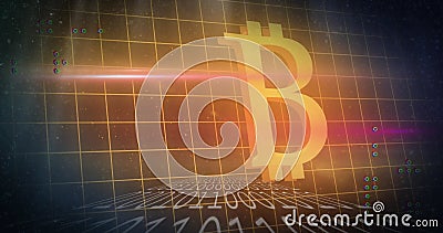 Image of grid pattern, binary codes and bitcoin illuminated symbol over black background Cartoon Illustration