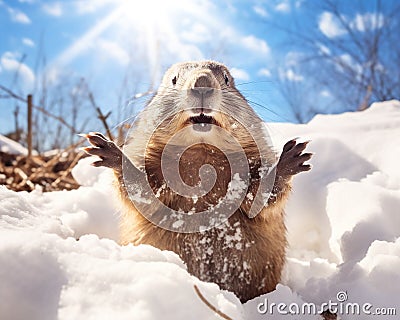 Punctuatingly, the Groundhog runs in the snow on the day. Cartoon Illustration