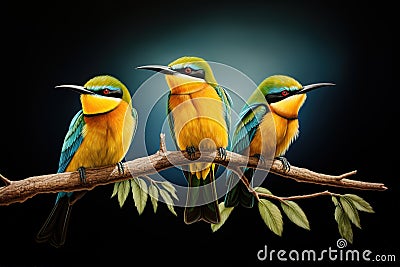 Image of group of blue-tailed bee-eater on a branch on a black background. Birds. Animals. Illustration, Generative AI Stock Photo