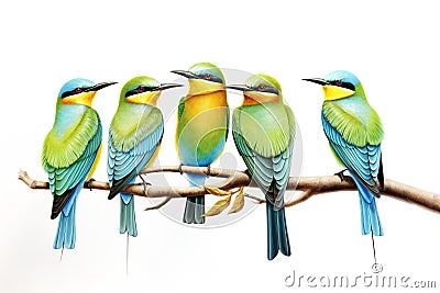Image of group of blue-tailed bee-eater on a branch on a white background. Birds. Animals. Illustration, Generative AI Stock Photo