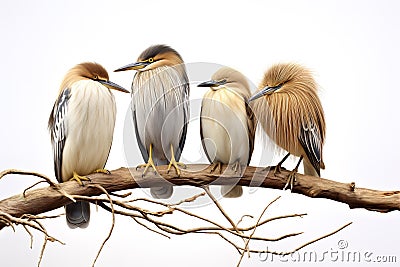 Image of group of chinese pond heron on a branch on a white background. Birds. Animals. Illustration, Generative AI Stock Photo