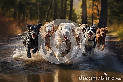 Image of group dogs running, Pet, Animals., Generative AI, Illustration Stock Photo