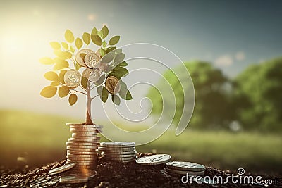 A Growing Investment: Coins Stack Up to Plant a Tree Stock Photo