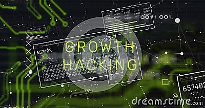 Image of growth hacking text and data processing over network of connections on black background Stock Photo