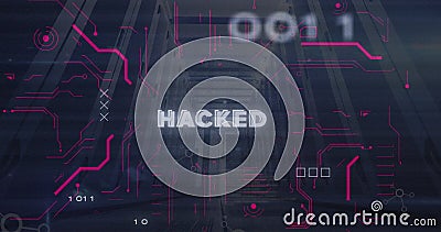 Image of hacked text, binary codes and computer language over low angle view of server room Stock Photo