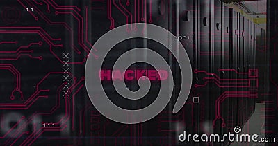 Image of hacked text over data processing and server room Stock Photo