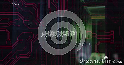 Image of hacked text over data processing and server room Stock Photo