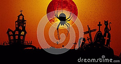 Image of halloween cemetery, ghosts, bats, spider and full moon on orange background Stock Photo