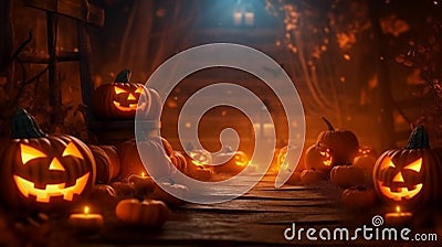 Halloween photo background - a group of pumpkins with candles Stock Photo