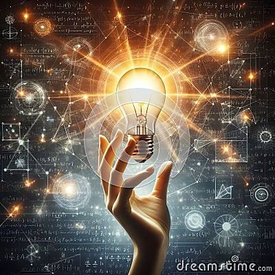 image of a hand with a light bulb in its center, surrounded by a web of equations and facts. Stock Photo