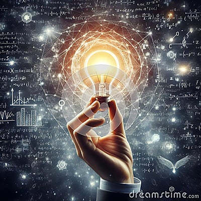 image of a hand with a light bulb in its center, surrounded by a web of equations and facts. Stock Photo