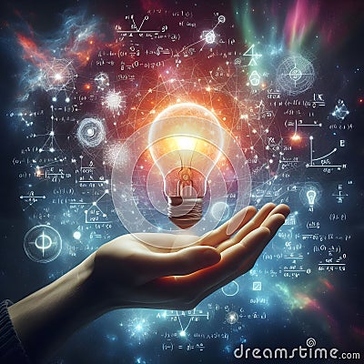 image of a hand with a light bulb in its center, surrounded by a web of equations and facts. Stock Photo