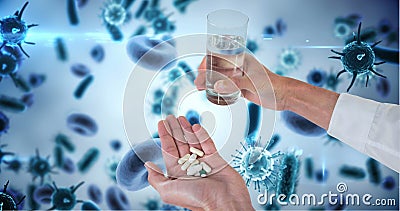 Image of hands of caucasian doctor with tablets and water over blue blood, bacteria and virus cells Stock Photo