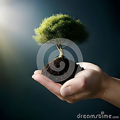 Single hand keeping a tree rooted in rich black soil (ground). Dark shining background. Generative AI Stock Photo