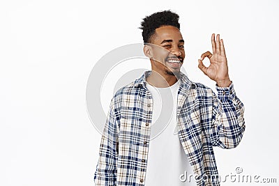 Image of handsome young african american guy smiling satisfied, showing OK, okay zero sign and nod in approval, rate Stock Photo