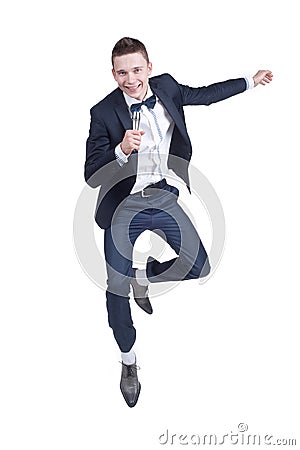 Image of a handsome young man spiking to the micro Stock Photo