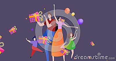 Image of happy family with balloons over presents falling at christmas Stock Photo