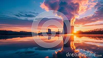 An image of harmony between the power industry and nature. Clean energy concept, nuclear power plant in the early morning. Stock Photo