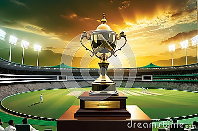 World Cup Cricket Championship Trophy gleaming under stadium floodlights, intricate engravings on display Stock Photo