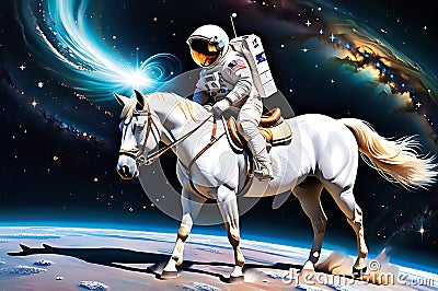 A Horse Playfully Galloping Atop an Astronaut's Helmet, Both Floating in the Vacuum of Space Surrounded by Cosmic Beauty Stock Photo