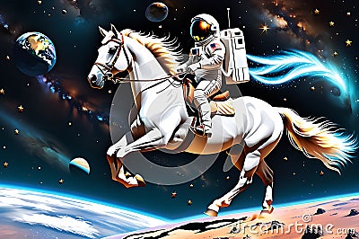 An astronaut riding horse in space , white horse in planets Stock Photo