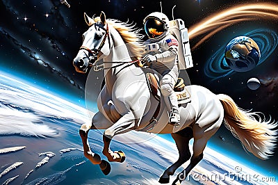 A Horse Playfully Galloping Atop an Astronaut's Helmet, Both Floating in the Vacuum of Space Surrounded by Cosmic Beauty Stock Photo