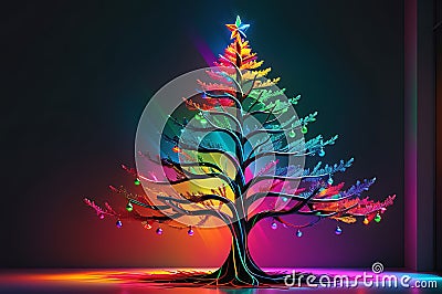 Abstract Christmas Tree: Neon Lighting Illuminating Each Branch with Vibrant Colorful Streaks, Casting a Festive Glow Stock Photo