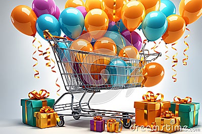 hopping cart brimming with an array of gifts, each wrapped in glossy paper adorned with ribbons, tempting surprises Stock Photo