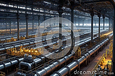 Ammonia Production Workshop: Sprawling Over a Vast Area, Intricate Network of Steel Pipes, Valves, and Equipment Stock Photo