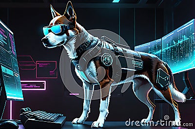 Tech Canine Command: Cybernetic Canine Mounted in Front of a Sleek Workstation with Multiple Glowing Screens, Typing Vigorously Stock Photo