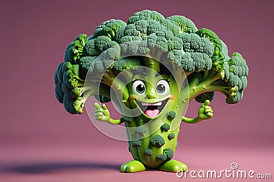 A Single Cute Broccoli as a 3D Rendered Character Over Solid Color Background Having Emotions Stock Photo