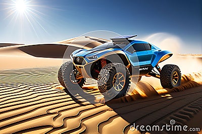 Solar-Powered Vehicle with Sleek Design Contours and Reflective Surfaces, Traversing Undulating Sand Stock Photo