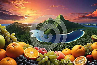 Citrus Cosmos: Fruit-Structured Planet with Oranges as Landmasses, Banana Crescents as Mountain Ranges, Lush Kiwi Jungles Stock Photo