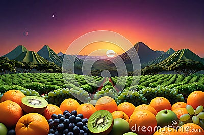 Citrus Cosmos: Fruit-Structured Planet with Oranges as Landmasses, Banana Crescents as Mountain Ranges, Lush Kiwi Jungles Stock Photo