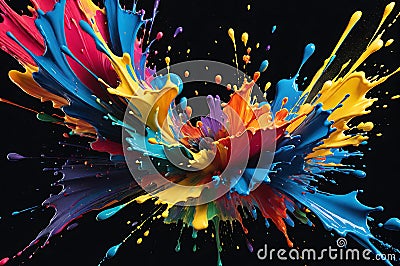 High-Speed Photography Captures a Vibrant Array of Paint Splashes Colliding Against a Pure Black Background Stock Photo