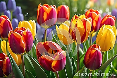 Bouquet of Vibrant Tulips: Dew-Kissed Petals Reflecting the Early Morning Sun, Shadowed by an Ancient Arch Stock Photo