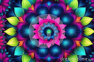 Fractal Mandala Unfolding in Neon Spectrum - Vibrant Wallpaper Background Stock Photo