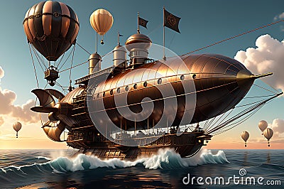 Skies of Steam: Steampunk Airship Towering Over the Ocean's Surface, Intricate Gears, and Steam Bellowing from Pipes Stock Photo