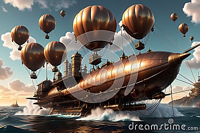 Skies of Steam: Steampunk Airship Towering Over the Ocean's Surface, Intricate Gears, and Steam Bellowing from Pipes Stock Photo