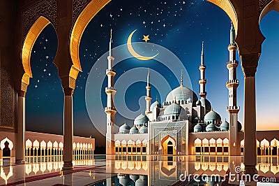 Mosque Beneath the Crescent Moon: Graceful Minarets and Devout Worshippers Stock Photo