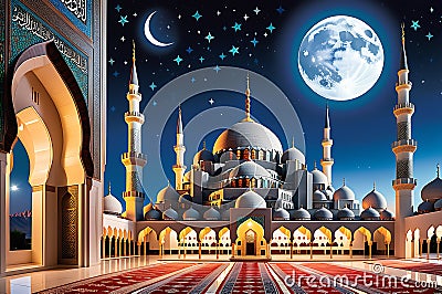 Mosque Beneath the Crescent Moon: Graceful Minarets and Devout Worshippers Stock Photo