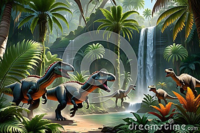Primeval Rush: Dinosaurs Captured Mid-Stampede, Vibrant Tropical Foliage Surrounding Them, Ferns and Palms Bending in Their Wake Stock Photo