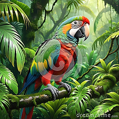 Hyper realistic nature scenery capturing ultra zoom close up of a parrot in greenary Cartoon Illustration