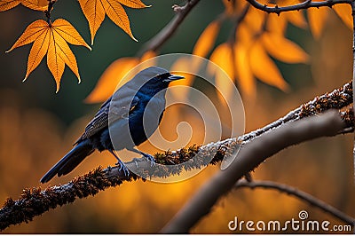 Blackbird Perched on Gnarled Branch: Sleek Feathers Glistening in Sharp Focus Amidst Bokeh Elegance Stock Photo