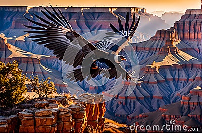 California Condor Soaring: Wings Outstretched, Sharp Focus Feathers Defined Against a Detailed Horizon Stock Photo